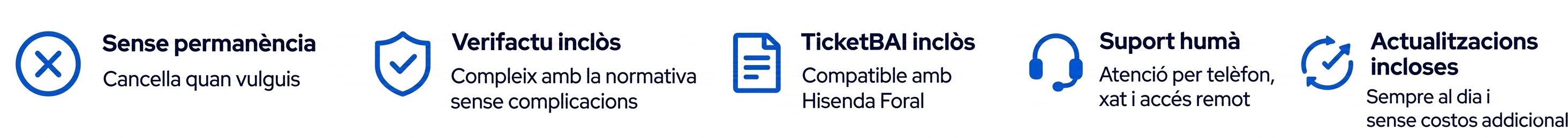 Sense permanència, cancel·la quan vulguis. Verifactu Inclòs. TicketBAI Inclòs. Suport humà. Actualitzacions Incloses.