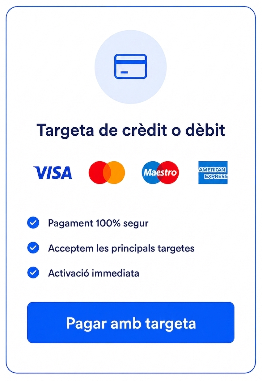 Paga de manera còmoda i segura la teva llicència d'ús TallerMatic amb targeta de crèdit o dèbit.