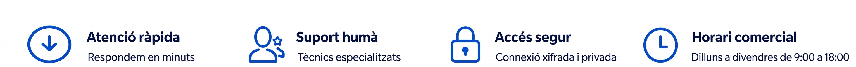 Atenció ràpida Responem en minuts Suport humà Tècnics especialitzats Accés segur Connexió xifrada i privada Horari comercial Dilluns a divendres de 9:00 a 18:00