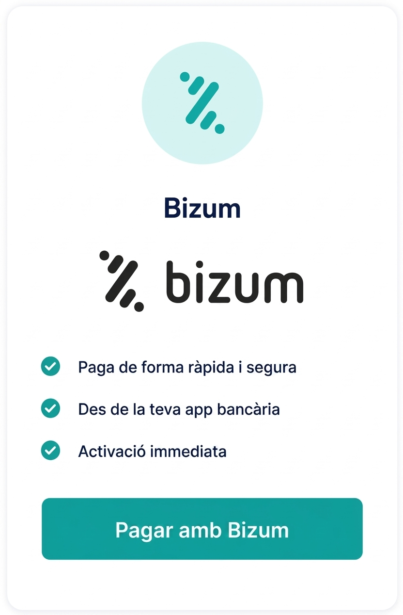Paga de manera còmoda i segura la teva llicència d'ús TallerMatic amb el teu telèfon mitjançant Bizum i la seguretat del teu banc.