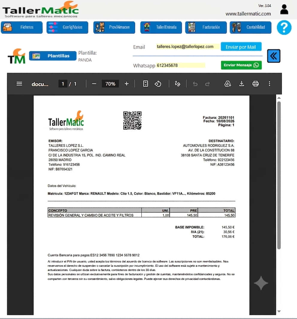 Enviar factura por WhatsApp desde TallerMatic — pantalla del programa con botón Enviar Mensaje