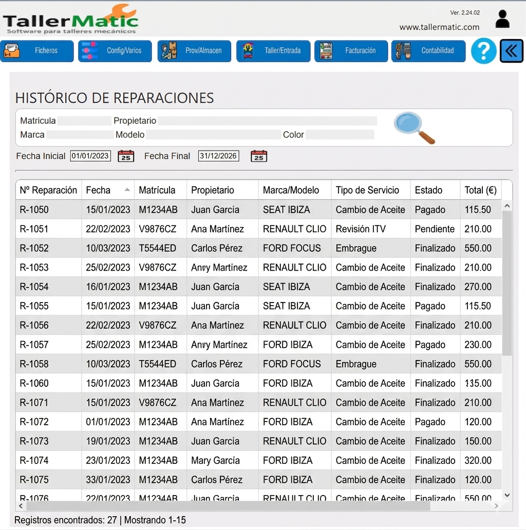 Historial completo de cada vehículo