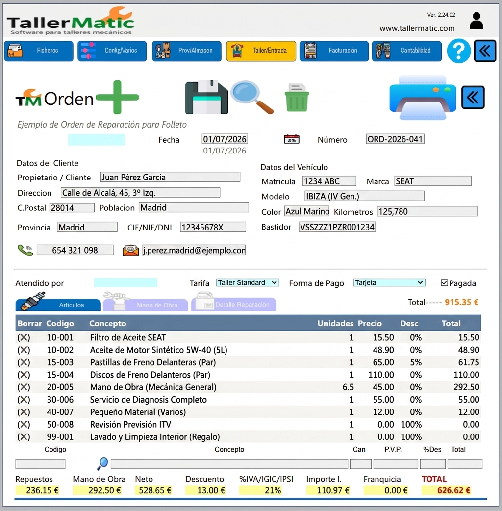 Orden de reparación para taller mecánico