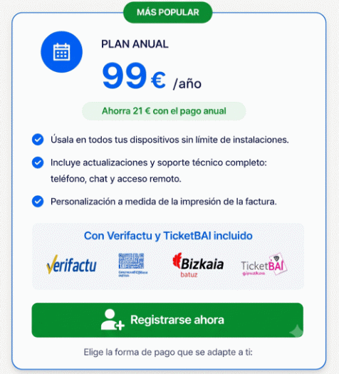 Pago anual licencia de uso 99€ Año